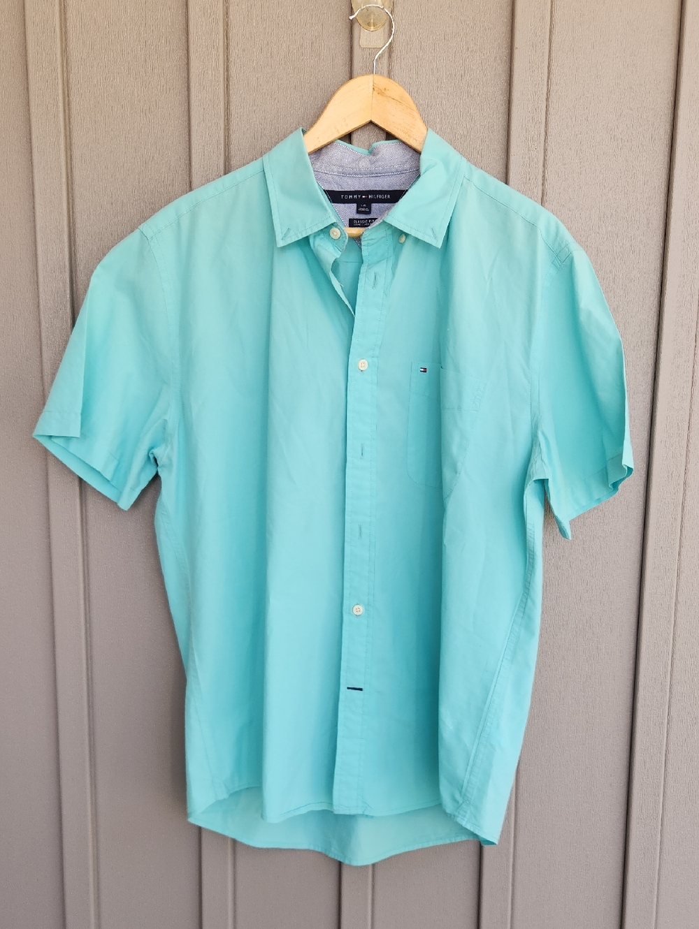 Tommy Hilfiger Men’s Short-Sleeve Button-Down Shirt - Aqua Teal,L